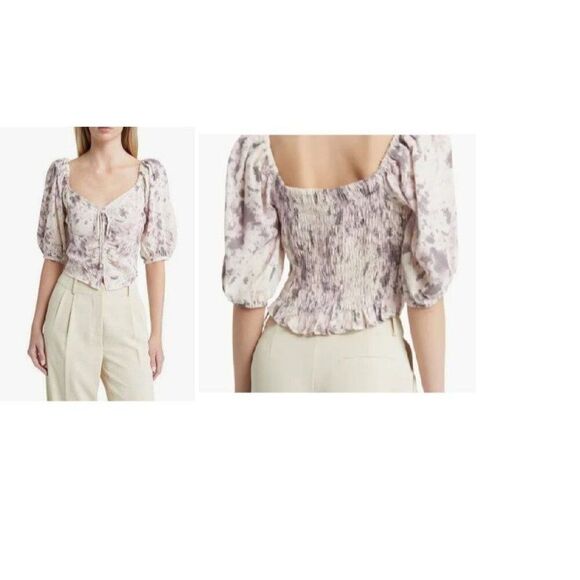Open Edit Tie Front Puff Sleeve Blouse In Ivory- Grey Q Campy Dye, Sz. L - Picture 1 of 15